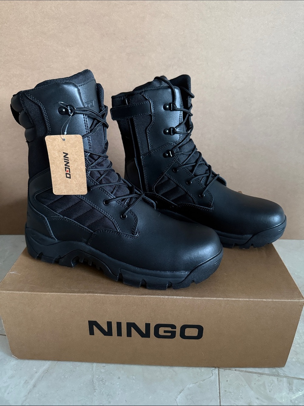 NINGO Black Waterproof Full-Grain Leather Steel Toe 8” Work Boots Sz 11 NEW!